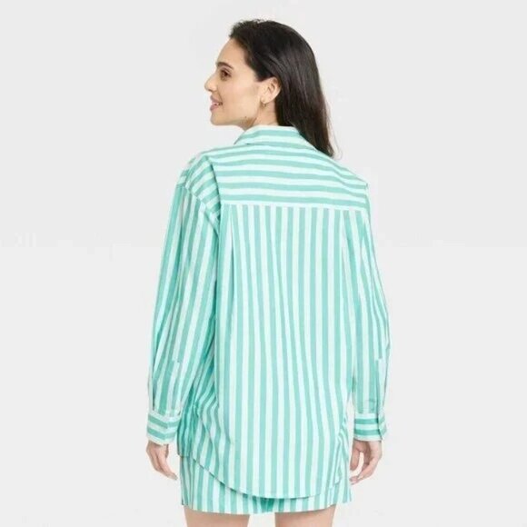 NEW A New Day Womens Long Sleeve Button-Down Shirt - Green Stripe - Size L - Picture 10 of 10